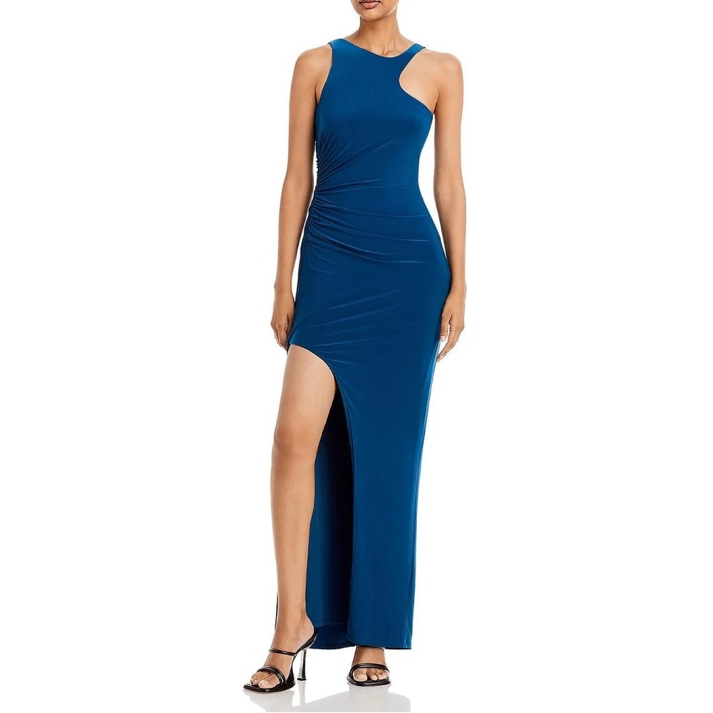 BCBG Beautiful Neck Teal Maxi Dress/Gown With Thigh Slit